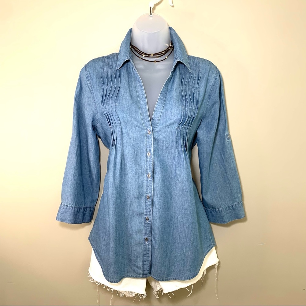 Vintage America Blues Chambray Denim V-Neck Roll Tab Blouse Top S Pleated